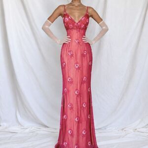 Vintage Pink Floral Beaded Silk Double Side Slit Maxi Babydoll Prom Dress S/M